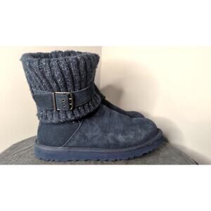 UGG Lattice Cardy Knit Boots Size 10 Blue Suede Buckle Cozy